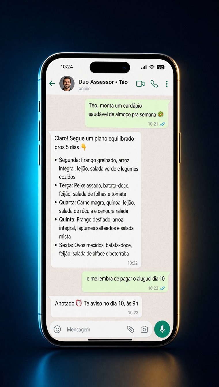 Conversa no WhatsApp: o Téo monta um cardápio saudável e cria um lembrete